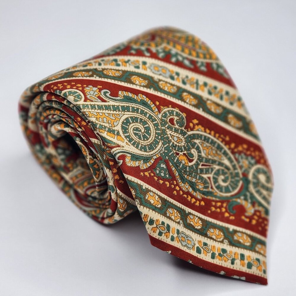 Paisley Stripe Red Yellow Pure Silk Made in England John Comfort 59" X 3.5"